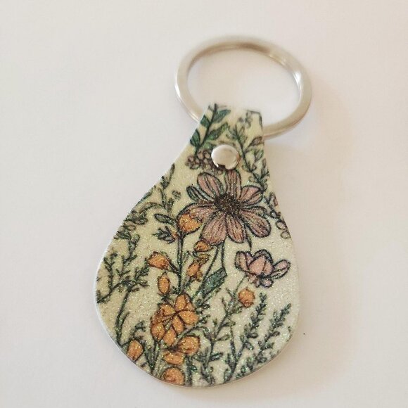 Wild Flowers Faux Leather Glitter Keychain Floral Bag Charm - Picture 5 of 7
